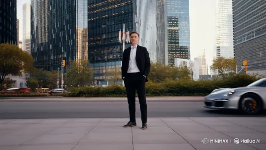 Stylish Man Enters Porsche on Bustling City Street – AI Generated Video | Hailuo AI