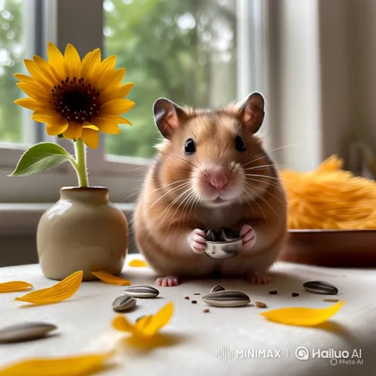 Hamster Enjoying Sunflower Seeds on Tabletop – AI Generated Video | Hailuo AI