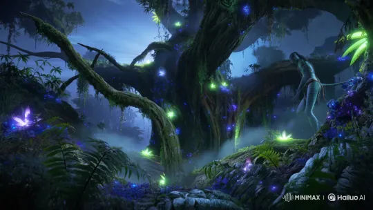 Alien Jungle: Tail-Humanoids Leap on Bioluminescent Tree – AI Generated Video | Hailuo AI