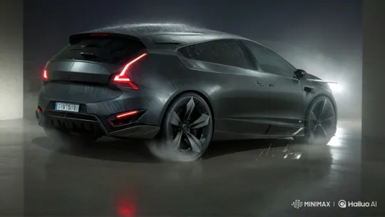 Concept Car Showcased in Dramatic, Wet Studio Setting – AI Generated Video | Hailuo AI