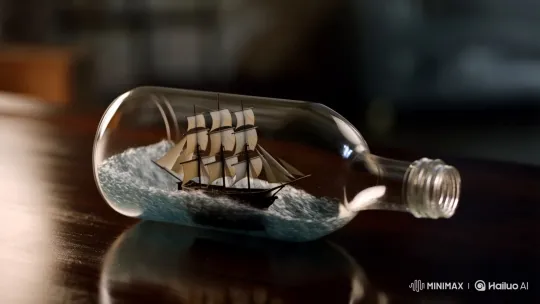 Storm-Tossed Bottle Ship Lights Up Dark Surface – AI Generated Video | Hailuo AI