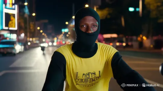 Young Man in Balaclava Rides Motorcycle Through City – AI Generated Video | Hailuo AI