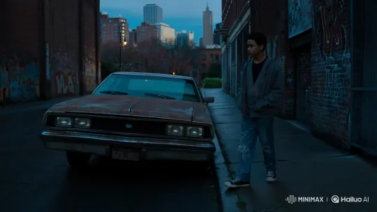 Teenage Boy Walks by Classic Car on Urban Street – AI Generated Video | Hailuo AI
