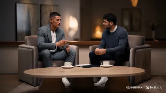 Ronaldo and Messi Discuss and Endorse Top Designer in Elegant Lounge – AI Generated Video | Hailuo AI