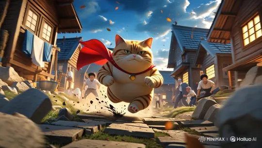 Heroic Chubby Cat in Red Cape Charges Through Village – AI Generated Video | Hailuo AI