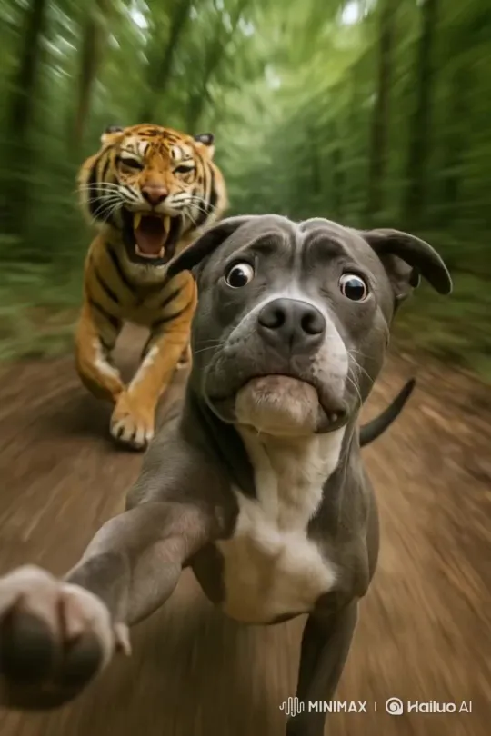 Dog Pursued by Tiger in the Forest – AI Generated Video | Hailuo AI