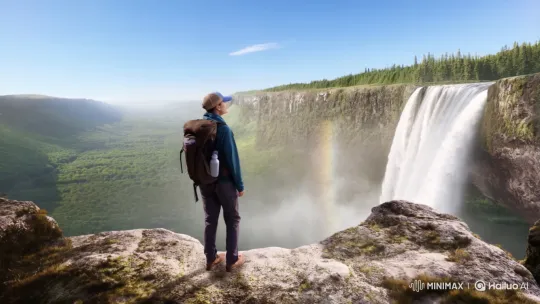 Hiker Marvels at Majestic Valley Waterfall in Awe-Inspiring Drone Shot – AI Generated Video | Hailuo AI