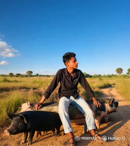 Young Man Walks with Pigs in Sunlit Field – AI Generated Video | Hailuo AI