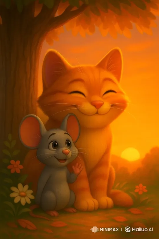 Peaceful Friendship: Cat and Mouse Under the Sunset – AI Generated Video | Hailuo AI
