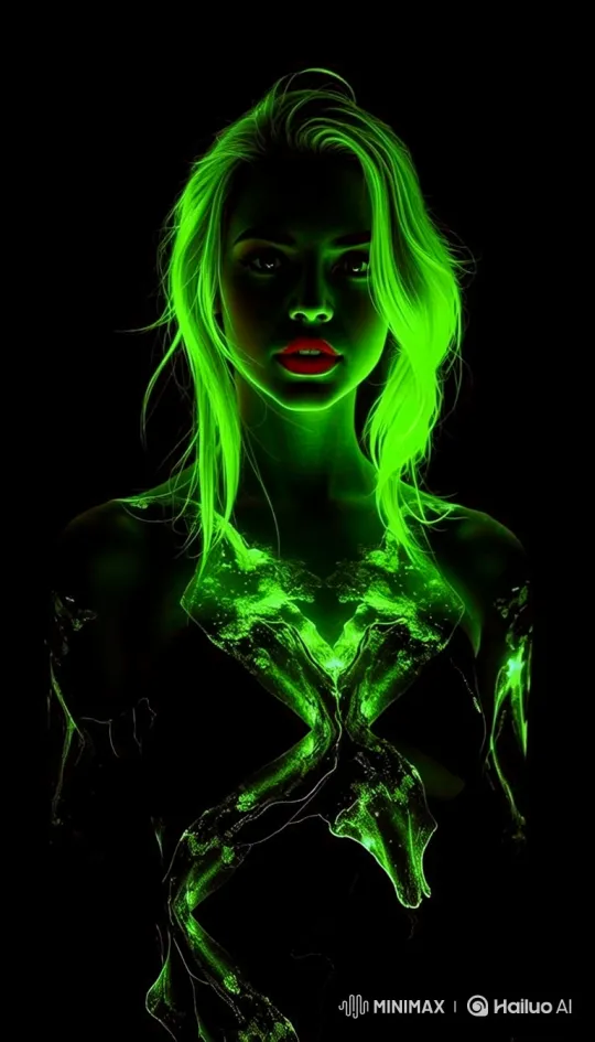 Woman Enveloped in Glowing Green Energy Snake – AI Generated Video | Hailuo AI