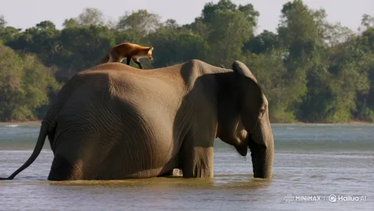 Elephant Submerges with Fox on Back in River – AI Generated Video | Hailuo AI