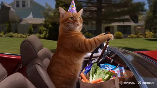 Ginger Cat Drives Convertible with Party Provisions – AI Generated Video | Hailuo AI