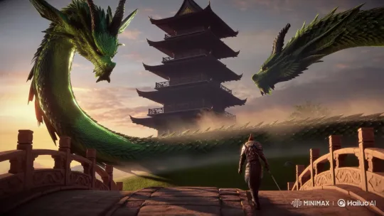 Warrior Faces Majestic Dragon at Ancient Pagoda Sunset – AI Generated Video | Hailuo AI