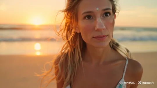 Young Woman Joyfully Leaps in Sunset Beach Scene – AI Generated Video | Hailuo AI