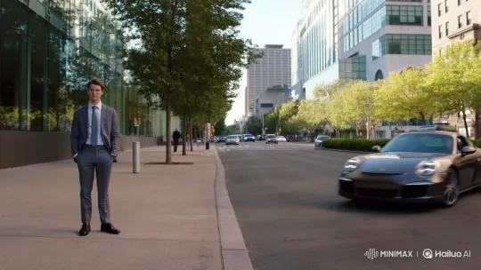 Stylish Man Enters Porsche on City Street – AI Generated Video | Hailuo AI