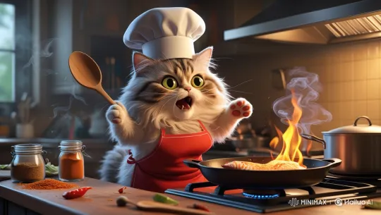 Cat Chef Shocked by Kitchen Fire – AI Generated Video | Hailuo AI
