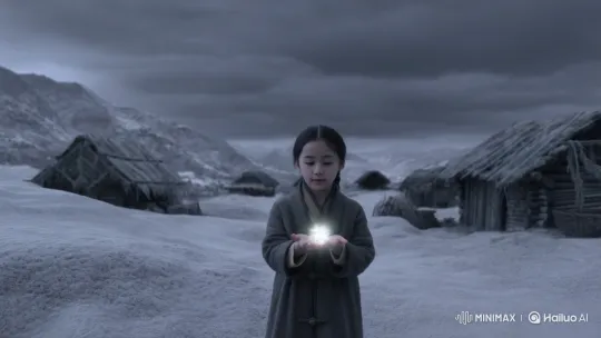 Girl Revives Colorful Snowfall in Bleak Mountain Village – AI Generated Video | Hailuo AI