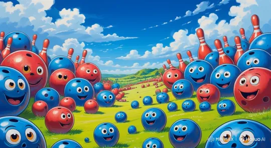 Joyful Gathering of Animated Bowling Balls in a Lively Landscape – AI Generated Video | Hailuo AI