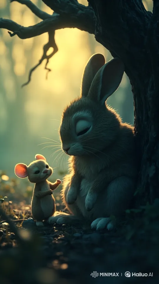 Tranquil Forest Scene: Rabbit and Mouse Friendship – AI Generated Video | Hailuo AI
