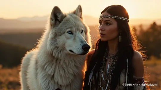 Girl Petting Contented Wolf as Eagle Soars Above – AI Generated Video | Hailuo AI