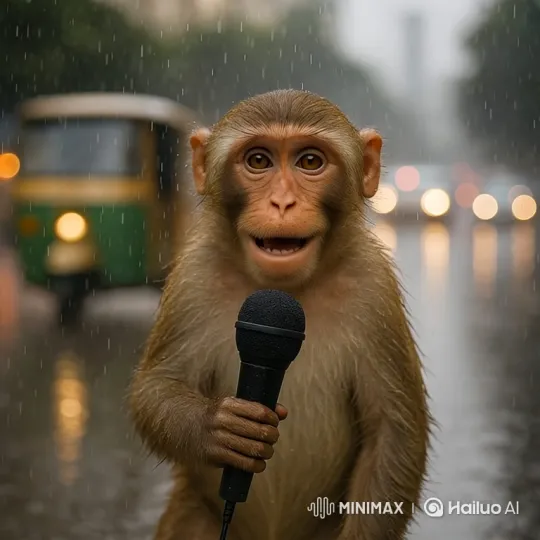 Monkey with Microphone Enjoys Rainy Street Scene – AI Generated Video | Hailuo AI