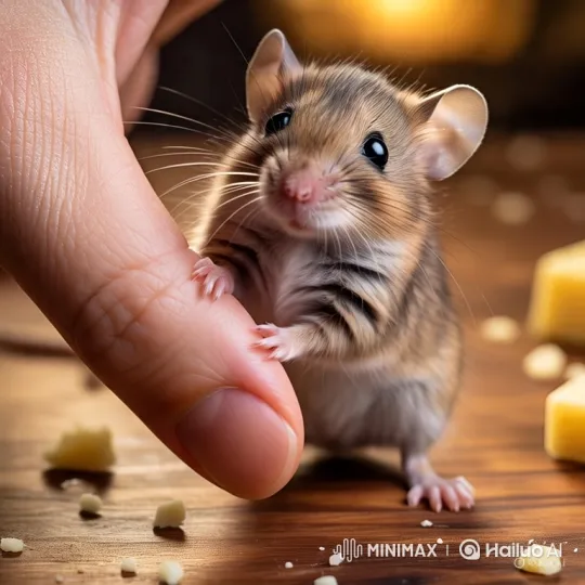 Tiny Mouse Interacts Playfully with Cheese and Thumb – AI Generated Video | Hailuo AI
