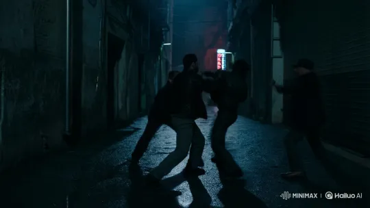 Man Defeats Three Adversaries in Gritty Alleyway Fight – AI Generated Video | Hailuo AI