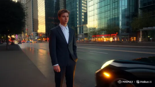 Stylish Man Boards Porsche on Bustling City Street – AI Generated Video | Hailuo AI