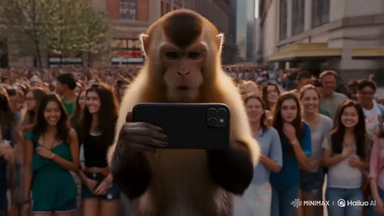 Monkey Blogger Vlogs with iPhone Amid Fan Crowd – AI Generated Video | Hailuo AI