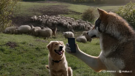 Wolf Takes Selfie with Dog Amidst Sheep Attack – AI Generated Video | Hailuo AI