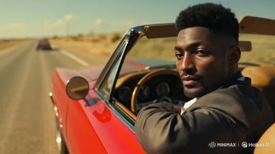 Stylish Man Drives Classic Convertible on Desert Highway – AI Generated Video | Hailuo AI