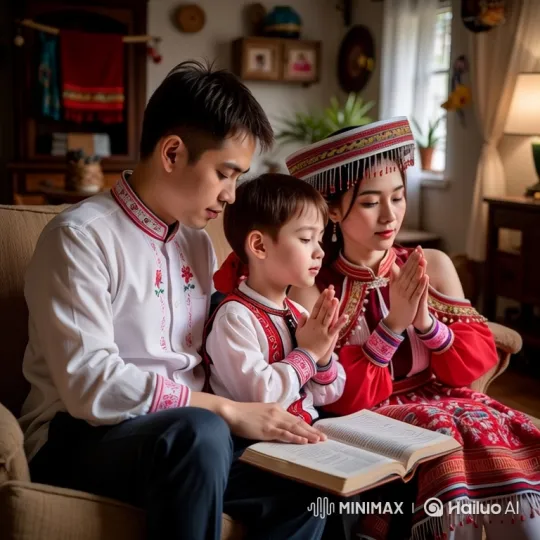 Family Shares Traditional Prayer and Reading Ritual – AI Generated Video | Hailuo AI