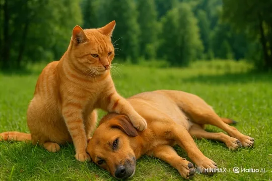 Cat and Dog Share a Tender Moment – AI Generated Video | Hailuo AI