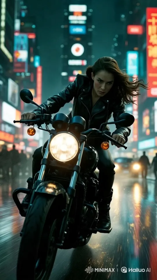 Motorcyclist Navigates Neon-Lit Cityscape – AI Generated Video | Hailuo AI
