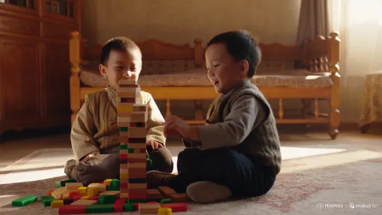 Kyrgyz Children Joyfully Build Tower with Wooden Blocks – AI Generated Video | Hailuo AI