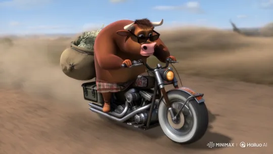 Fat Ox Escapes on Motorcycle with Money Sack – AI Generated Video | Hailuo AI