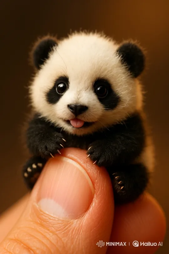 Intimate Close-Up of a Fluffy Baby Panda on Thumb – AI Generated Video | Hailuo AI