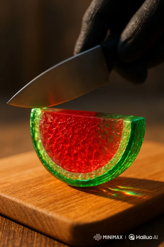 Glass Watermelon Shatters Under Knife Pressure – AI Generated Video | Hailuo AI