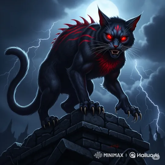 Monstrous Black Cat on Monument Under Stormy Sky – AI Generated Video | Hailuo AI
