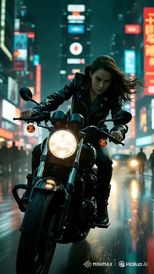 Nighttime Motorcycle Chase Through Neon City – AI Generated Video | Hailuo AI