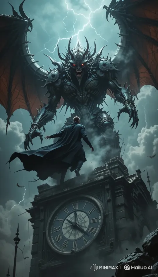 Hero vs. Demonic Creature at Gothic Clock Tower's Edge – AI Generated Video | Hailuo AI