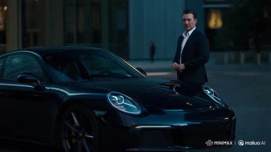 Confident Man Enters Sleek Porsche on City Street – AI Generated Video | Hailuo AI