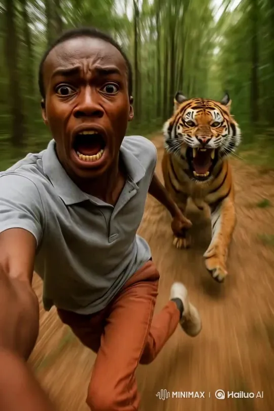 Man Escapes from Tiger in Forest Chase – AI Generated Video | Hailuo AI