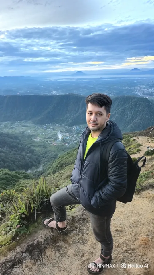 Man on Mountain Peak to Earth from Space Panorama – AI Generated Video | Hailuo AI