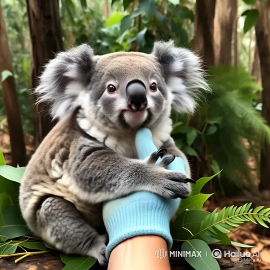 Close-up of a Curious Koala Holding a Human Hand in the Forest – AI Generated Video | Hailuo AI