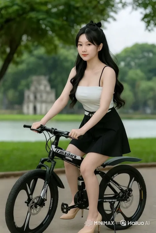 Elegant Model on Bicycle in Serene Landscape – AI Generated Video | Hailuo AI