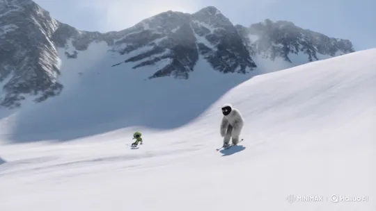 Yeti and Alien Perform Skiing Stunts on Mountain – AI Generated Video | Hailuo AI