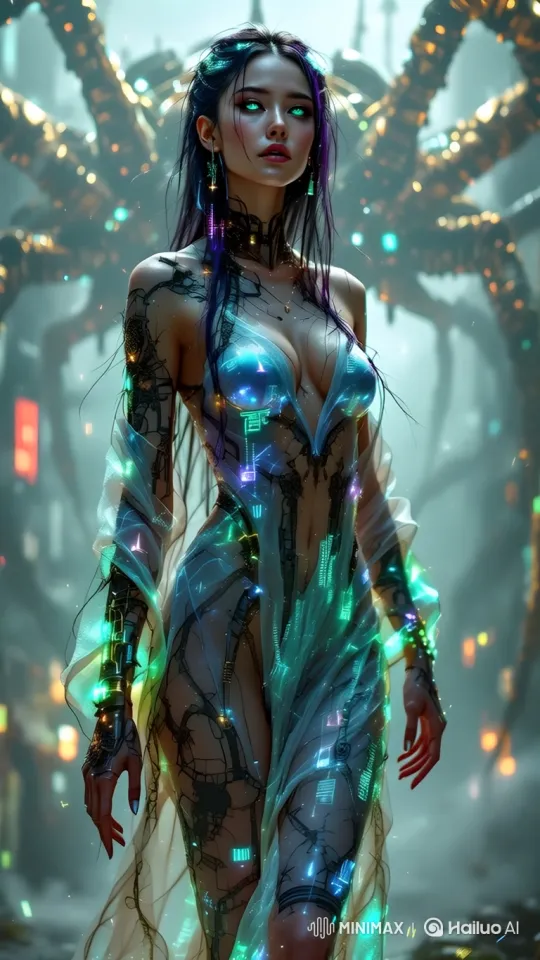 Futuristic Woman in Luminous Garment with Mechanical Spider Background – AI Generated Video | Hailuo AI