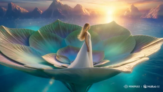 Golden-Haired Girl on Floating Lotus at Sunset – AI Generated Video | Hailuo AI