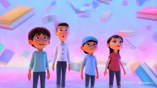 Four Friends Discover a Magical Book World – AI Generated Video | Hailuo AI